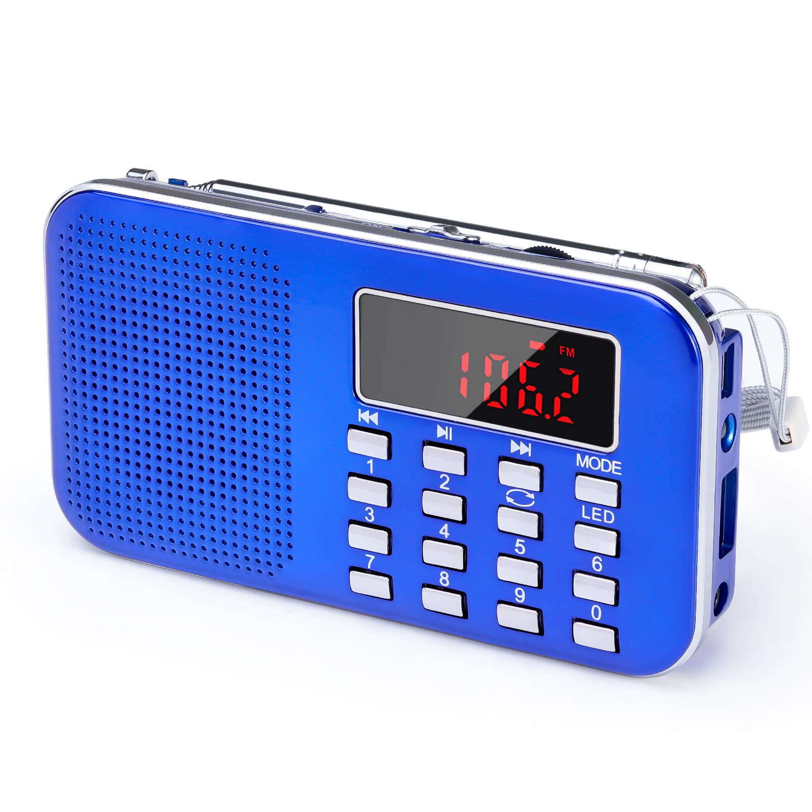 PRUNUS J-908 Portable Radios Small, AM FM Radio Battery Operated with Emergency flashlight. Pocket Radios with Rechargeable battery. Mini Rechargeable Radio Support USB/TF MP3 (Blue)