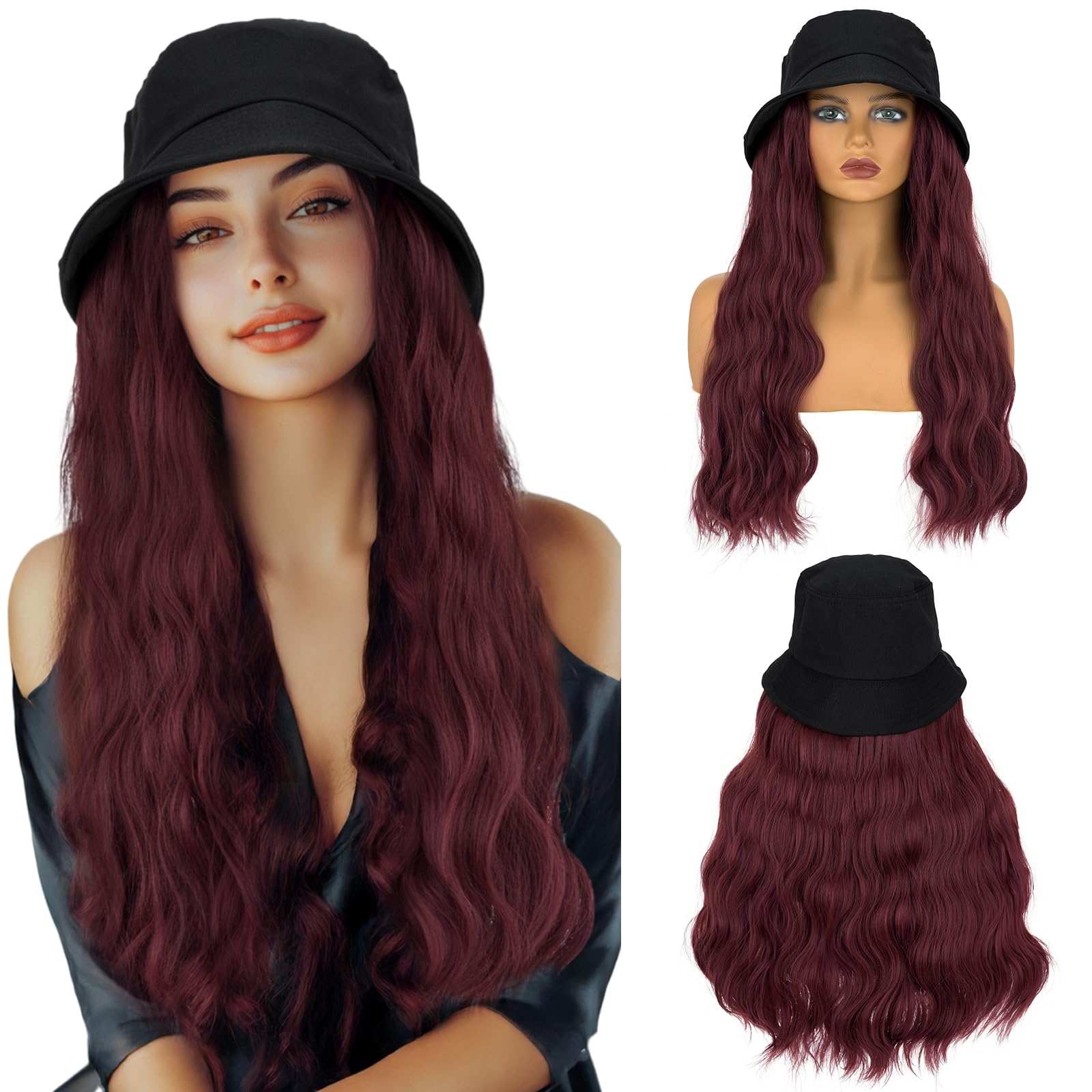 S-noilite Hat Wig for Women, Bucket Hat Wig with 18 inch Long Curly Wave Hairstyle Synthetic Hair Extensions, Sun Hat Foldable Fisherman Cap Wigs for All Seasons Daily Casual,Wine Red