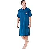 Keyocean Men Nightshirt, 100% Cotton Soft Comfy Short Sleeves Henley Neck Sleeping Loungewear