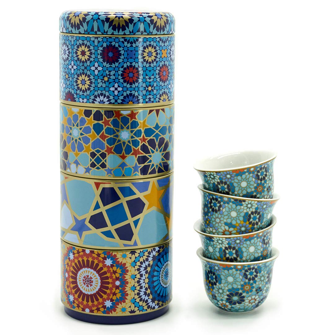 Gift Set 2 in 1 Metal Cans with 4x60 ml Porcelain Ceramic Espresso Cups Mugs Mocca Cups in Mediterranean Oriental Design Coffee Kitchen Tableware Dishes