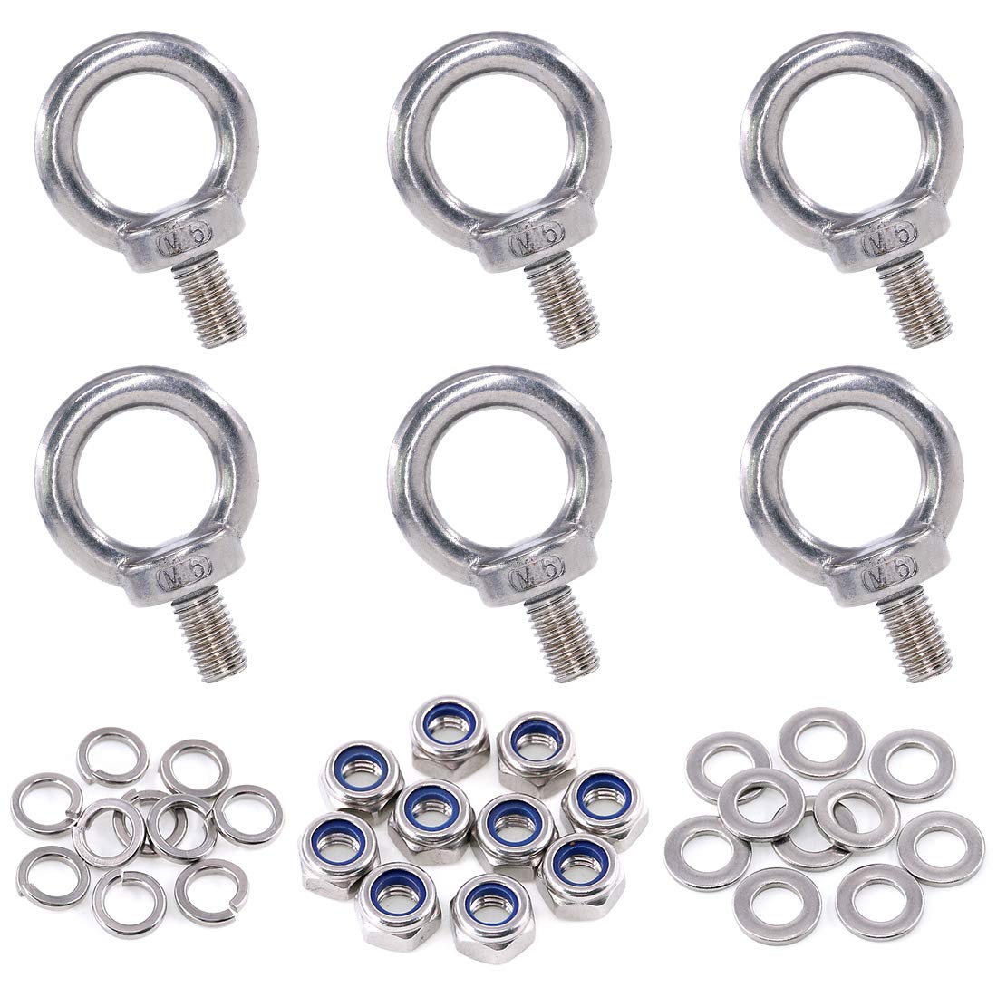 36Pcs 304 Stainless Steel M6 Male Thread Lifting Ring Eye Bolt Kit, Including 6Pcs M6 Eye Bolt with 10Pcs Lock Nuts, 10Pcs Lock Washers and 10Pcs Flat Washers