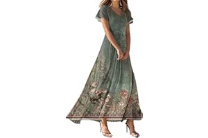 ZCJBWWHF Summer Dresses for Women Elegant V-Neck Short Sleeve Long Maxi Dress Solid/Floral Printed Cocktail Party Dresses