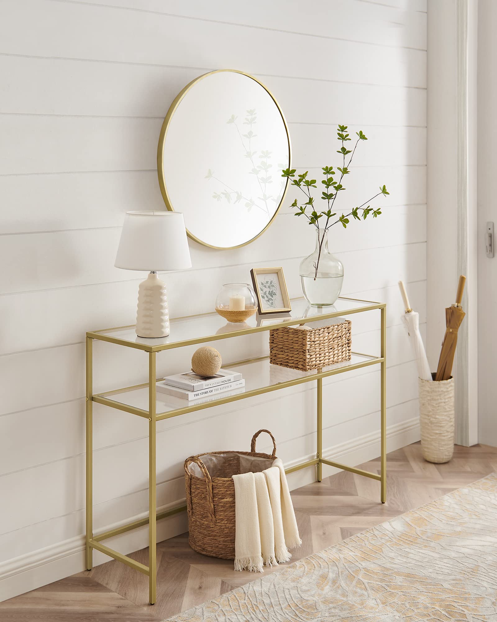 47.2 Inch Console Sofa Table, Modern Entryway Table, Tempered Glass Table, Metal Frame, 2 Shelves, Adjustable Feet, for Living Room, Hallway, Gold Color ULGT045A61 VASAGLE 47.2 Inch Console Sofa Table, Modern Entryway Table, Tempered Glass Table, Metal Frame, 2 Shelves, Adjustable Feet, for Living Room, Hallway, Gold Color ULGT045A61