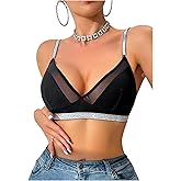 SOLY HUX Women's Sparkly Mesh Sheer Bralette Deep V Neck Sheer Wireless Bra