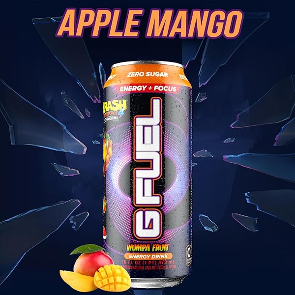 G FUEL ENERGY DRINK, APPLE MANGO, SUGAR FREE BEVERAGE WITH 300MG CAFFEINE, DAILY ENERGY BOOST WITH FOCUS AMINO, VITAMIN + ANTIOXIDANTS, 16 OZ CANS (CRASH BANDICOOT, 12-PACK)
