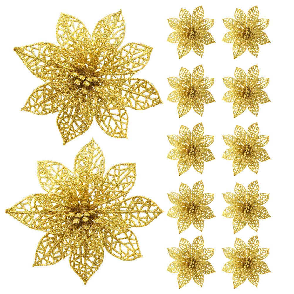 GL-Turelifes 12 Pack Glitter Artificial Poinsettia Flowers Christmas Tree Ornaments 5.9''(15cm) Poinsettia Flower Heads(Gold)