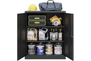 MIIIKO Lockable Storage Cabinet, Small Metal Garage Cabinet with Doors and Shelves, 35.4" Height Base Locker Cabinets 2 Doors