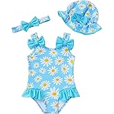 SODLON Baby Girl Swimsuit Infant One-Piece Bathing Suit Cute Summer Beach Tankini Bikini Ruffle Bow Toddler Swimwear with Hat