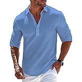 OYOZONE Mens Linen Polo Shirts Long Roll-Up Sleeve Casual Summer Beach Vacation Hippie T-Shirts