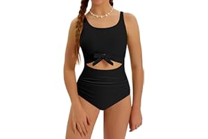 Bupekbee Girls Bathing Suit One Piece Cutout Tie Knotted Girls Swimsuit Teen Bathing Suits Swimsuit for Girls Size 8-16Y