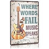 Rustic Guitar Metal Decor Sign for Home Music Band Room Bar Studio Bedroom Office, Funny Guitar Lover Player Decorations Gifts for Women Men Music Lover, 12 X 8 Inches, Where Words Fall