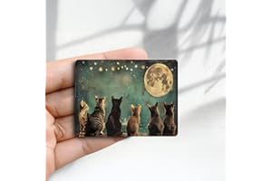 Vintage Fridge Magnet Six Cats Staring At Moon and Stars Design -（2.3x3.1） inch Acrylic Round Refrigerator Sticker Retro Deco
