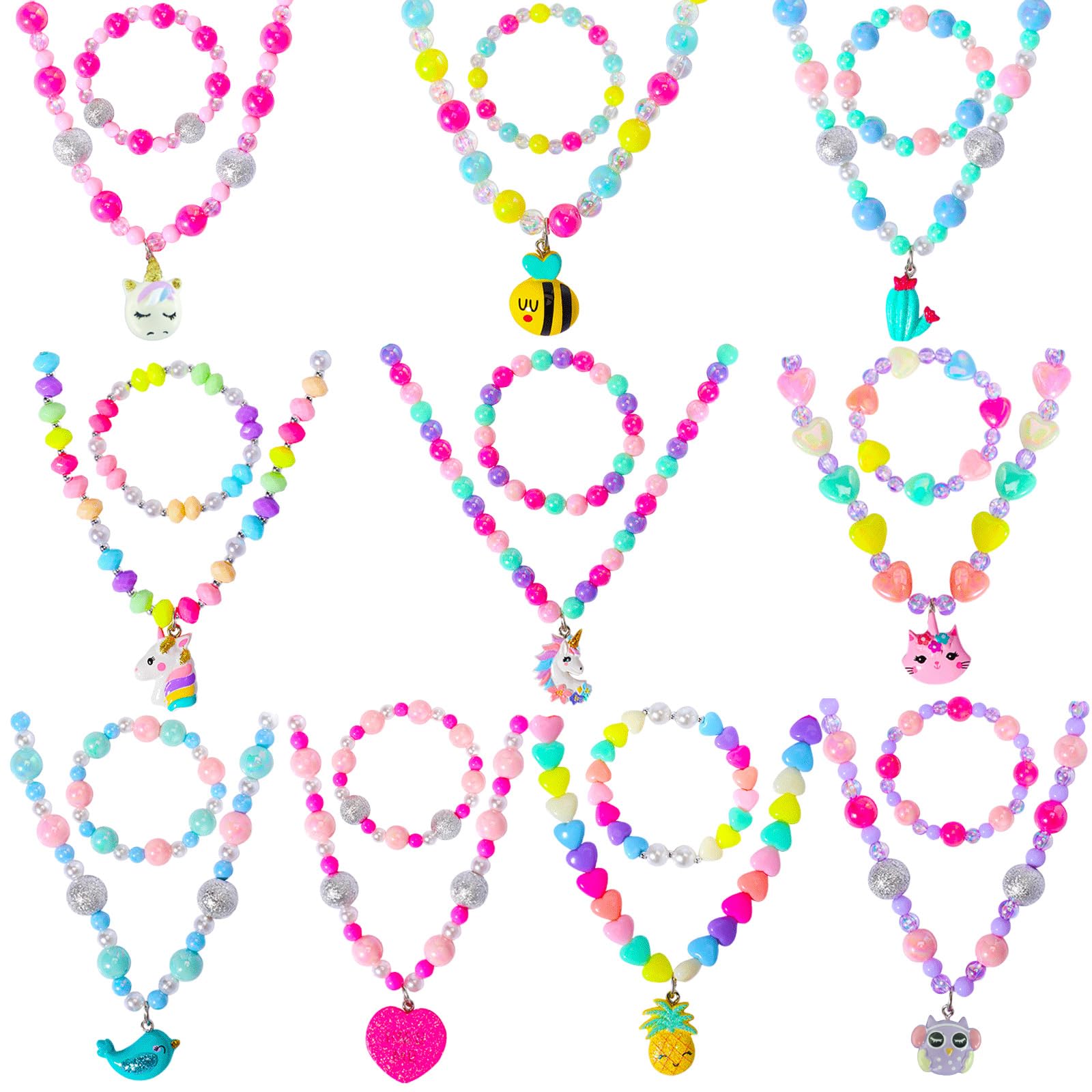 Pinkgarden 10 Sets Beaded Necklace Bracelet for Kids Girls, Unicorn Cat Bird Owl Necklace and Beads Nceklace, Princess Jewelry Bags for Little Girls Dress Up Pretend Play Party Gifts…