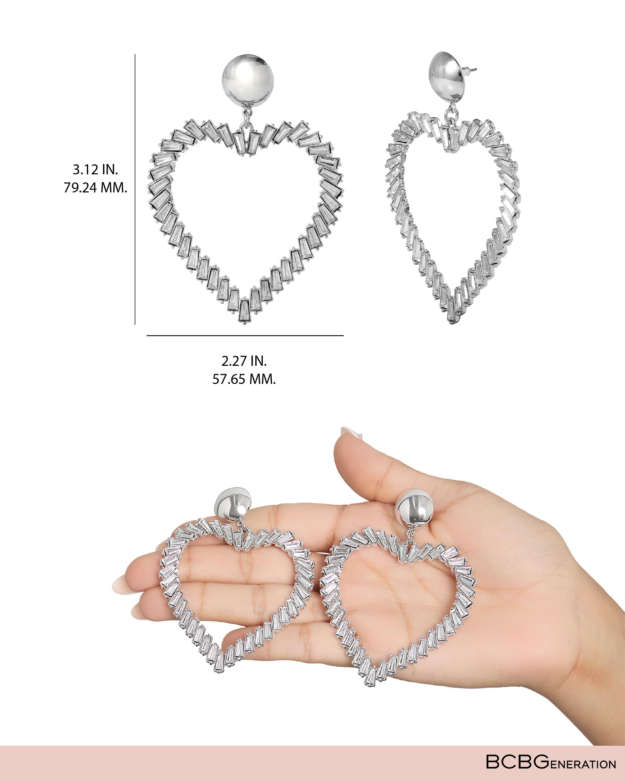 BCBGeneration Heart Earrings for Women, Large Drop Earrings with Clear Crystal Heart Pendant