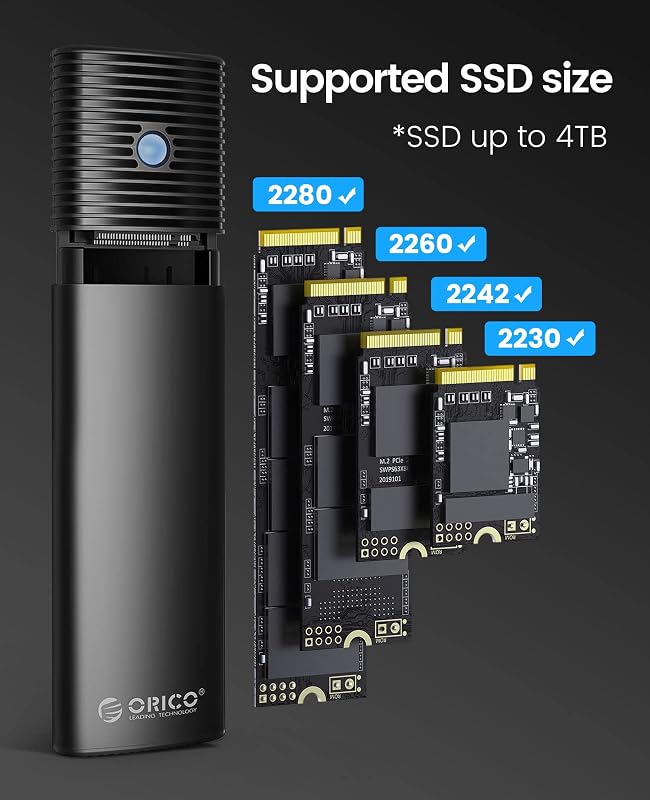 Boîtier SSD M2 NVMe SATA, Adaptateur SSD M2 USB C 3.2 Gen 2 10Gbps NVME PCIe, 5Gbps NGFF SATA M-Key(B+M Key) 2230/2242/2260/2280, Aluminum Externe Lecteur M.2 Disque Dur, Support UASP- PWDM2-BK