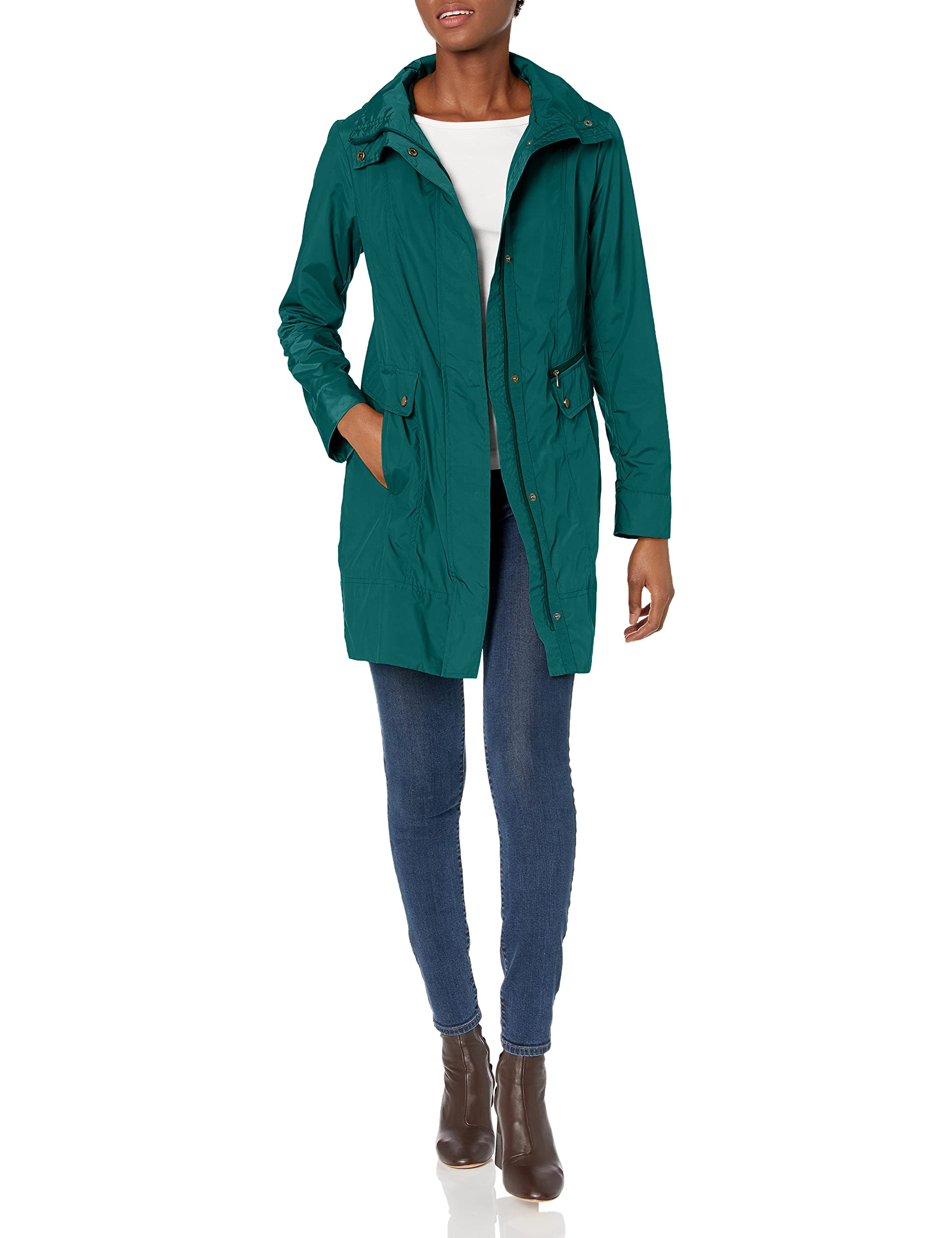Cole Haan Women’s Back Bow Packable Hooded Rain Jacket, pine, X-Small