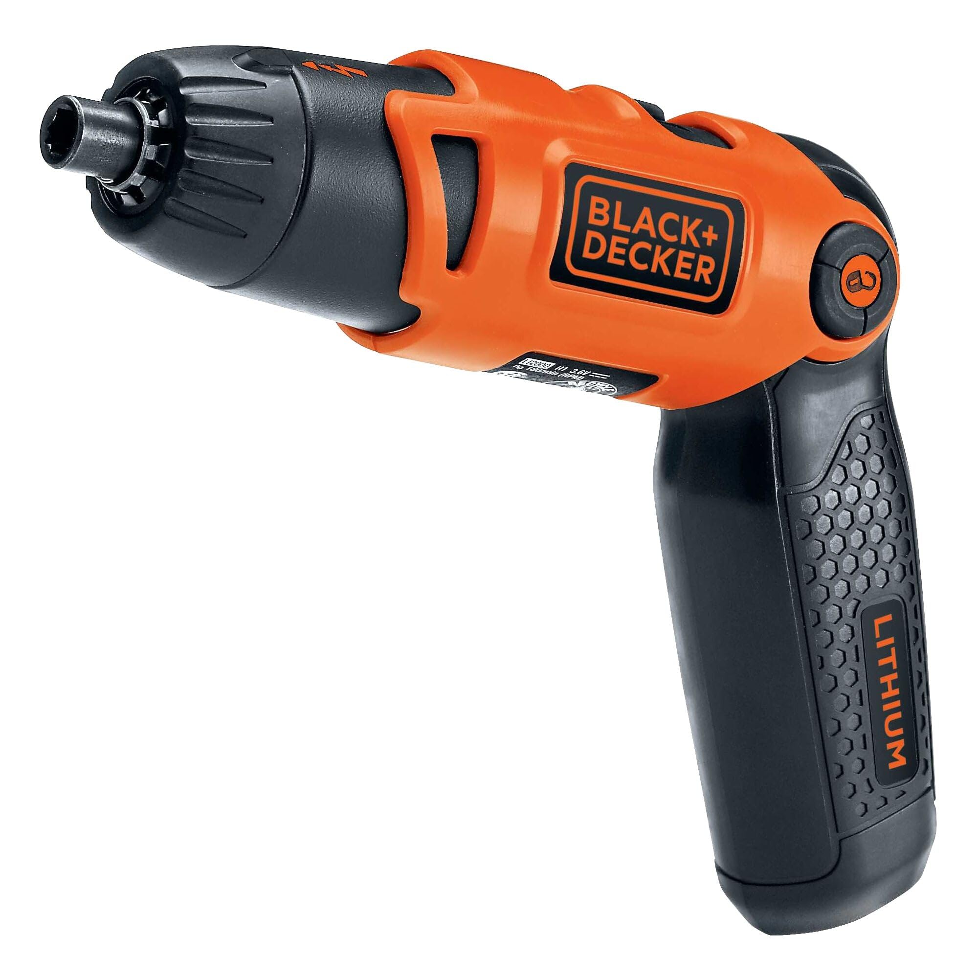 Photo 1 of BLACK+DECKER Electric Screwdriver, Cordless, 180 RPM, 3.6V, Spindle Lock with Pivoting Handle, Charger and 2 Hex Shank Bits Included (Li2000)
