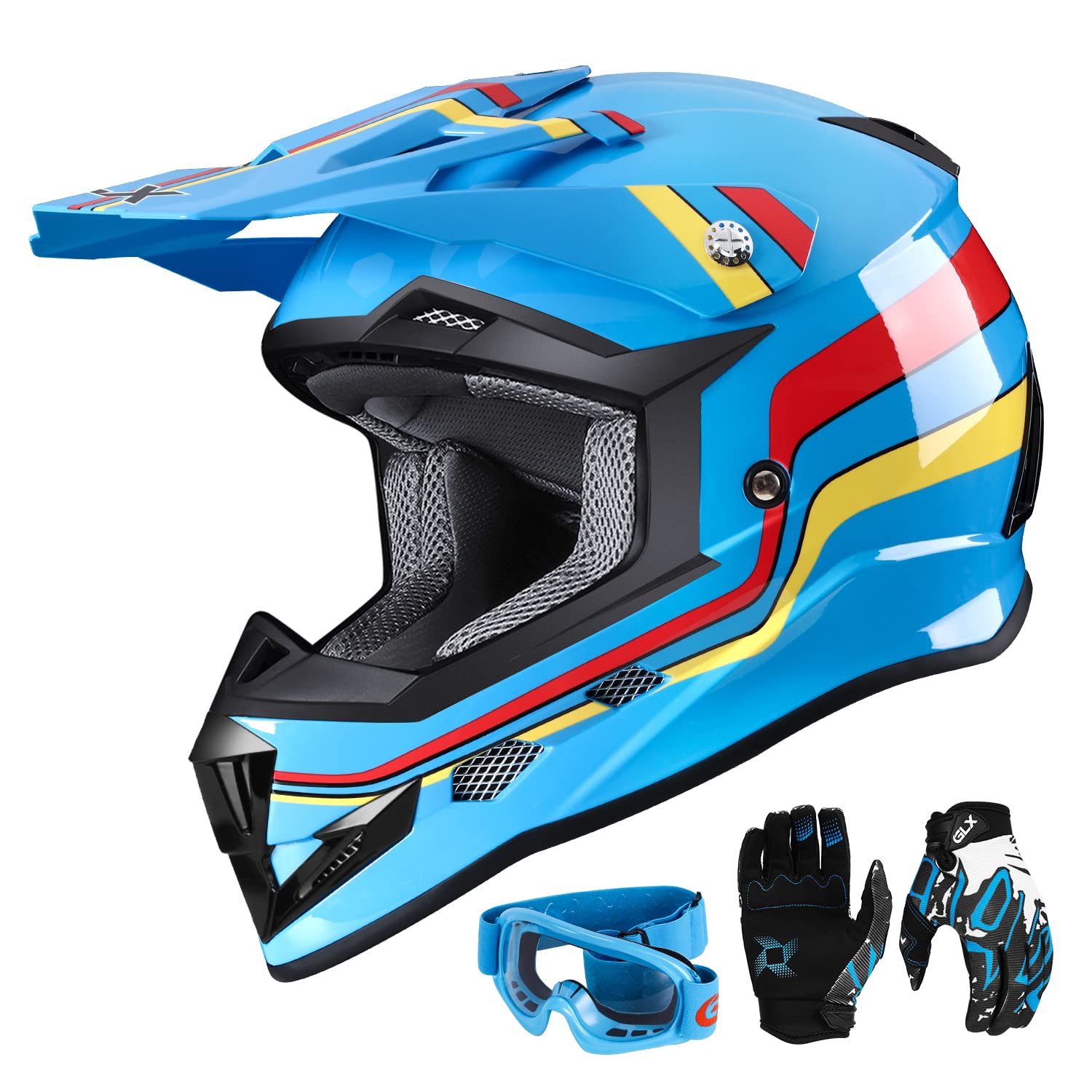 GLX GX623 Youth ATV/Dirt Bike Helmet Combo - Retro Blue, Medium - DOT Image