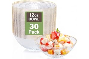 Rubtlamp 30 Pack Clear Disposable Bowls, Clear Plastic Bowls with Gold Rim, 12-16oz Premium Heavy Duty Plastic soup Bowls for Party, Wedding and Holiday