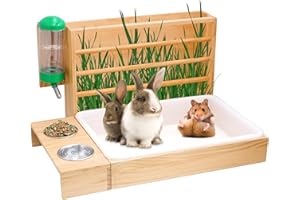 PAULOZYN Rabbit Hay Feeder with Litter Box and Bowls, 4 in 1 Wooden Bunny Hay Feeder Toilet Combine, Hay Feeder Rabbit with Litter Box Pan Designed for Rabbits Small Pets Guinea Pig Bunny Hamster
