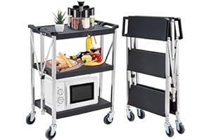 Zstar Foldable Service Cart, 3-Tier Heavy Duty Rolling Service Cart with Lockable & Silent Wheels, 330 lbs Load Capacity, Professional Utility Cart for Foodservice, Commercial,Office, Warehouse, Black