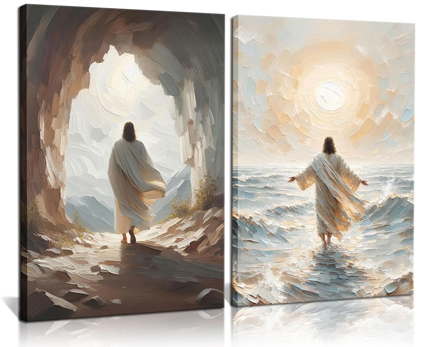 Photo 1 of 2Pcs Jesus Walking on Water Canvas Wall Art Christian Spiritual Faith Wall Decor Pictures Divine Light Modern Religious Posters Prints Paintings for Prayer Room Bedroom Living Room Decor 16x24 Inch