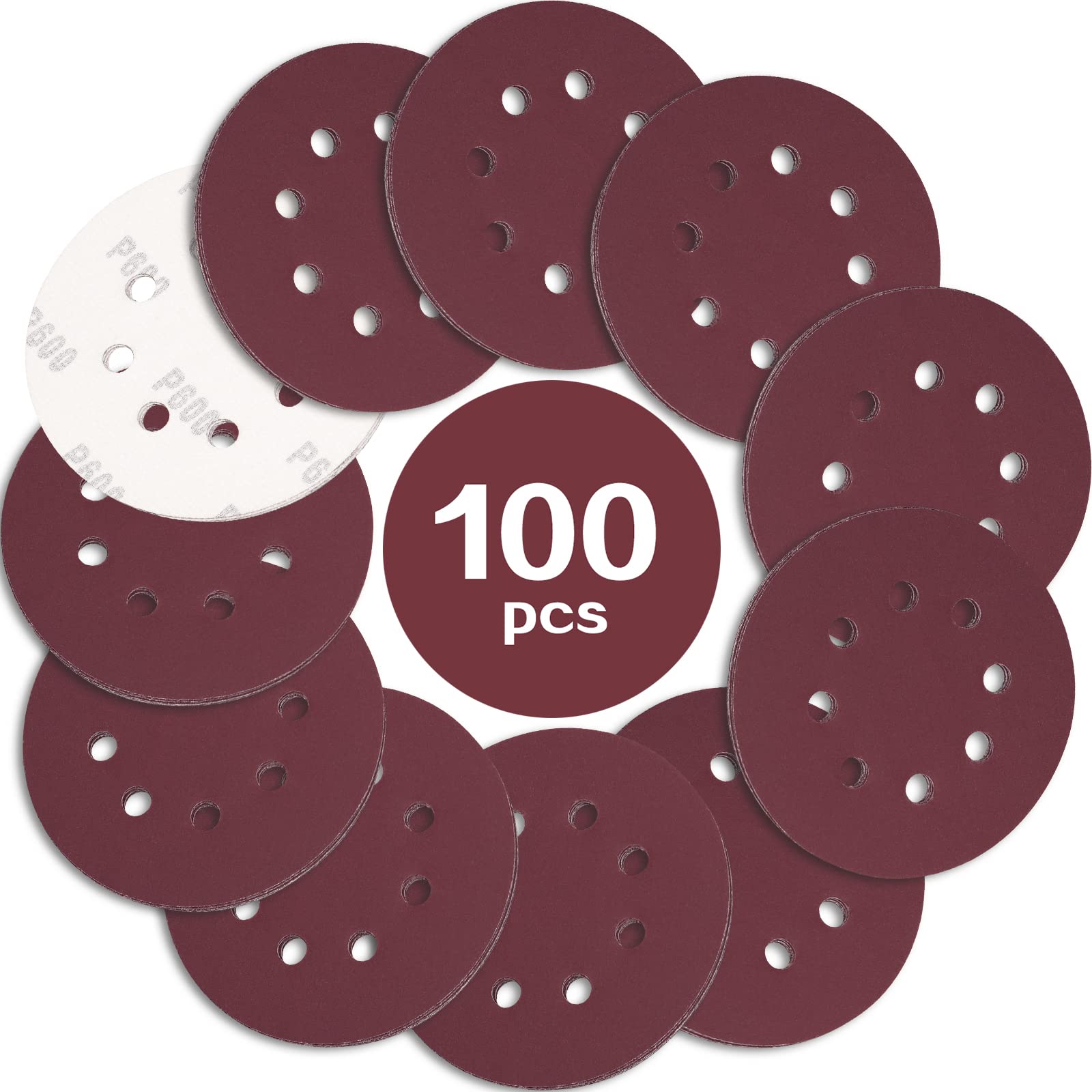 STEBRUAM 100PCS 125mm Sanding Discs 600 Grit, 5 Inch 8 Hole Hook and Loop Sanding Pads for Random Orbital Sander — image 1