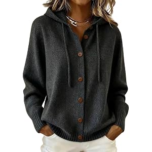 Women's Hooded Knit Cardigan Button Up with Drawstring Ties | Hooded pullover with a full-button front, intended for cooler w