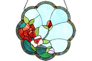 Bieye W10058 Rose Flower Tiffany Style Stained Glass Window Panel with Chain, 16-inch Wide