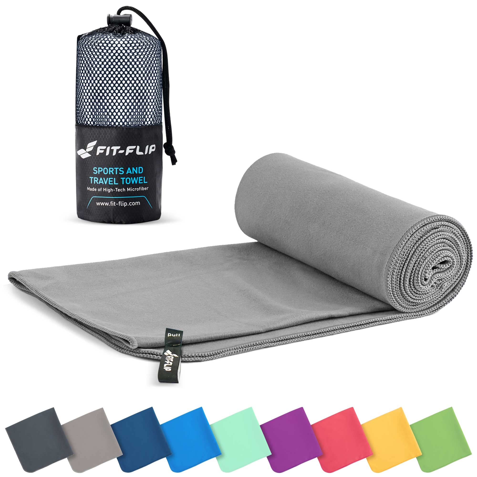 Fit-Flip Microfibre towel - compact, ultra lightweight & quick dry - perfect for gym, travel & beach - swimming towels for sports, camping & hiking (1x 40x80cm grey + bag)
