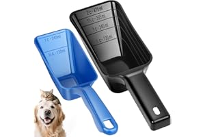 GNEOCO 2 Pack Dog Food Scoop with 1 Cup and 2 Cup Capacity, Plastic Pet Food Measuring Scoops with Clear Measurement Lines for Dogs, Cats & More,Dishwasher safe (Blue and Black)