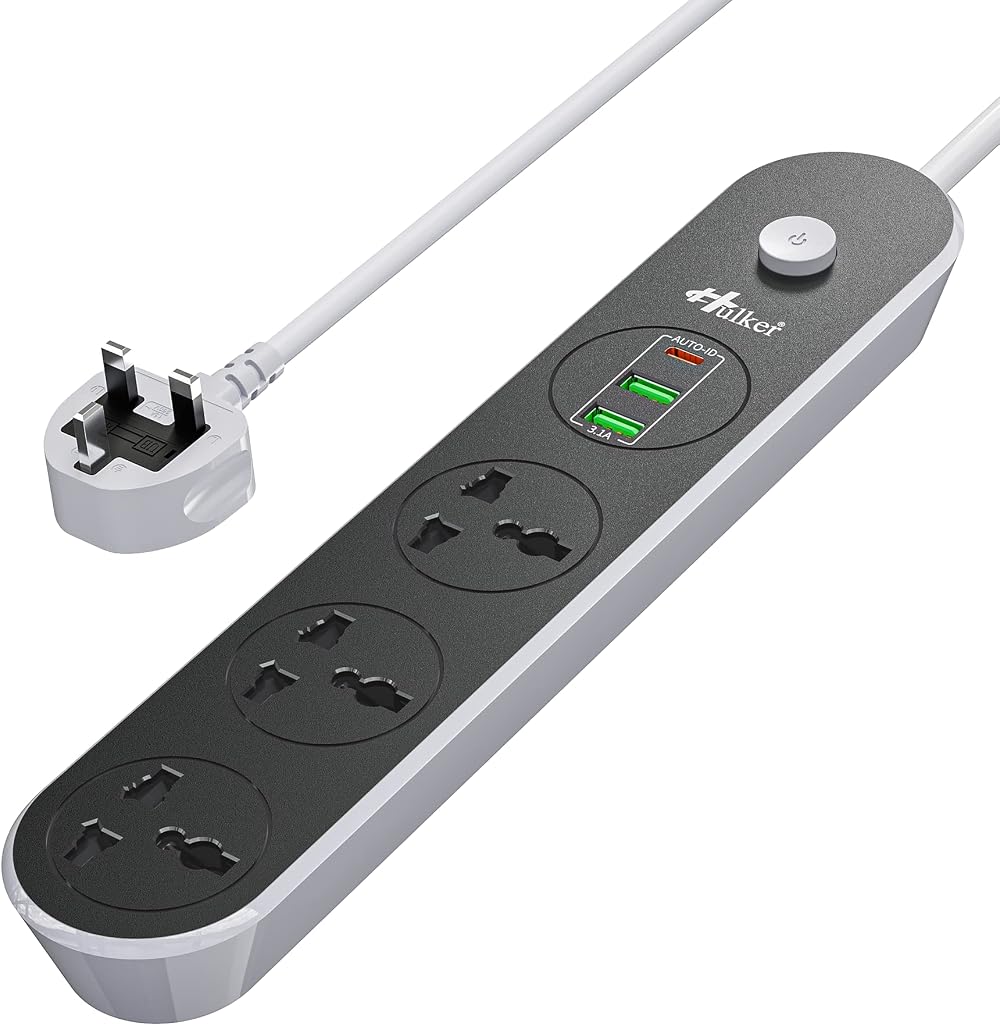 Hulker 3 Way Extension Lead 3 USB Type C UK Universal Socket 1.6M Cord 3250W