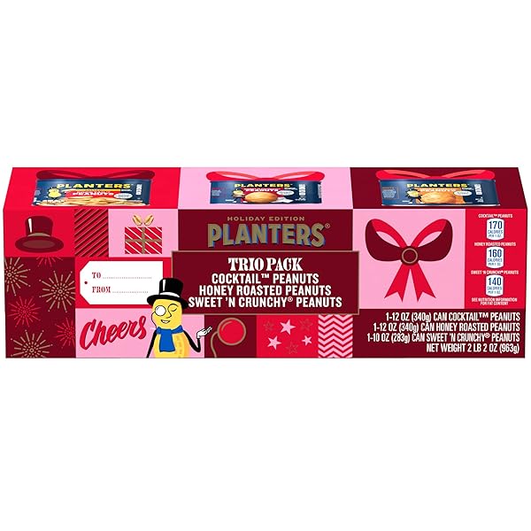 PLANTERS PEANUTS HOLIDAY TRIO PACK – SNACKS VARIETY PACK FOR ADULTS WITH SWEET N CRUNCHY, HONEY ROASTED, AND COCKTAIL PEANUTS (3 COUNT CANISTERS)