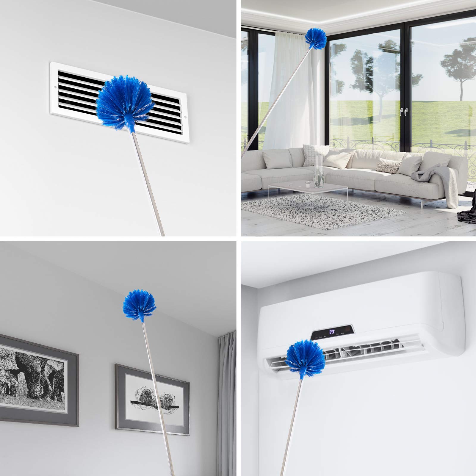 Cobweb Duster with Extension Pole, Washable Cleaning Duster Kit with 2 Duster Heads, Cobweb Duster, Corner Brush, 15-100 Inch Long Aluminum Telescoping Pole for Ceiling Fan (Blue)