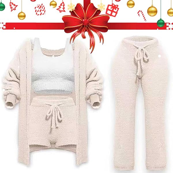 Ensemble Pyjama 4 Pièces Pour Femme Pleshycozy - Cardigan, Haut Sans Manches, Short Et Cache-coeur | Doux Et Chaud En Polaire - 11