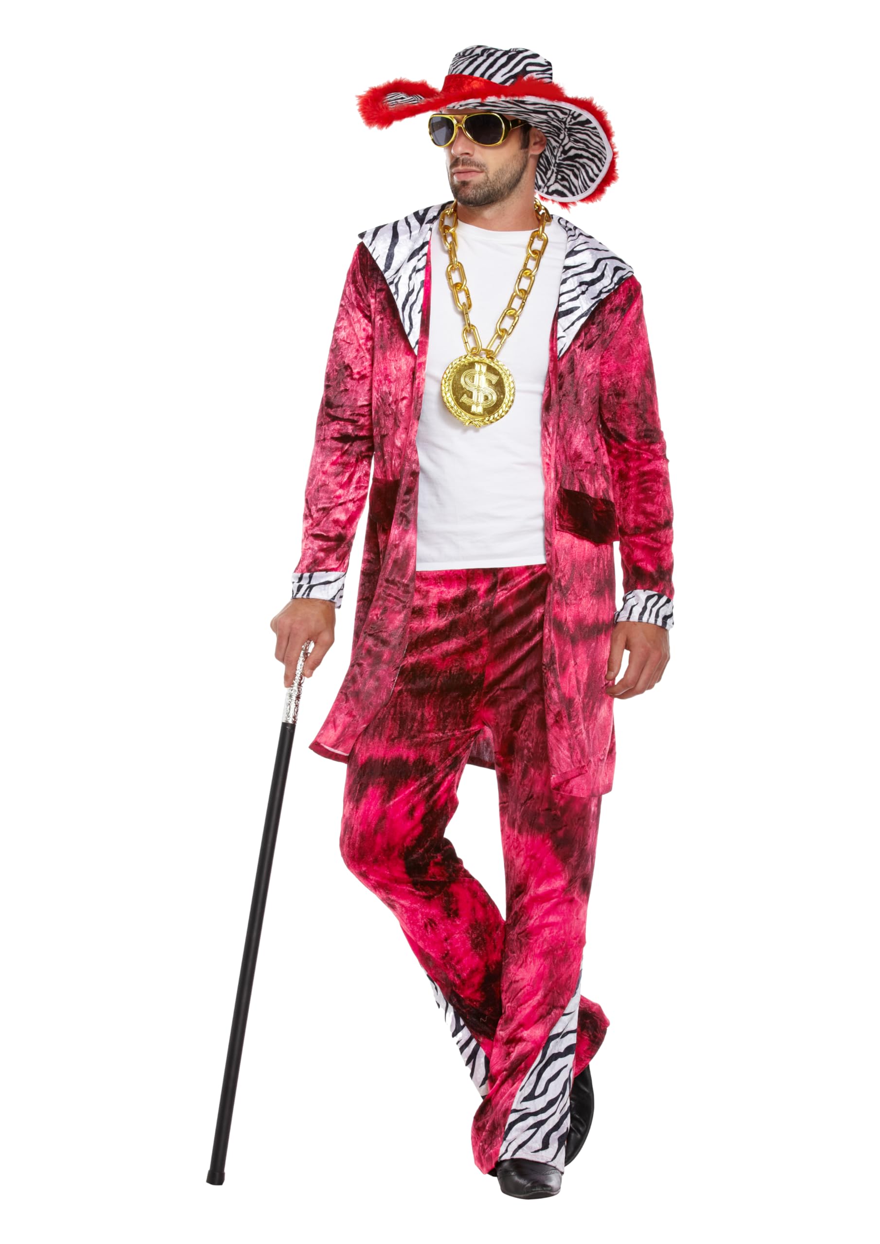 HENBRANDT Adult Men’s XL Red Velvet Suit with Zebra Print Detail and Matching Hat 1970s Big Daddy Gangster Pimp Dress Up Outfit One Size Mens Fancy Dress Costume