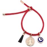 18K Gold Plated Saint Benedict Red String Bracelet Adjustable Charm Evil Eye & Dainty Genuine Azabache Hand