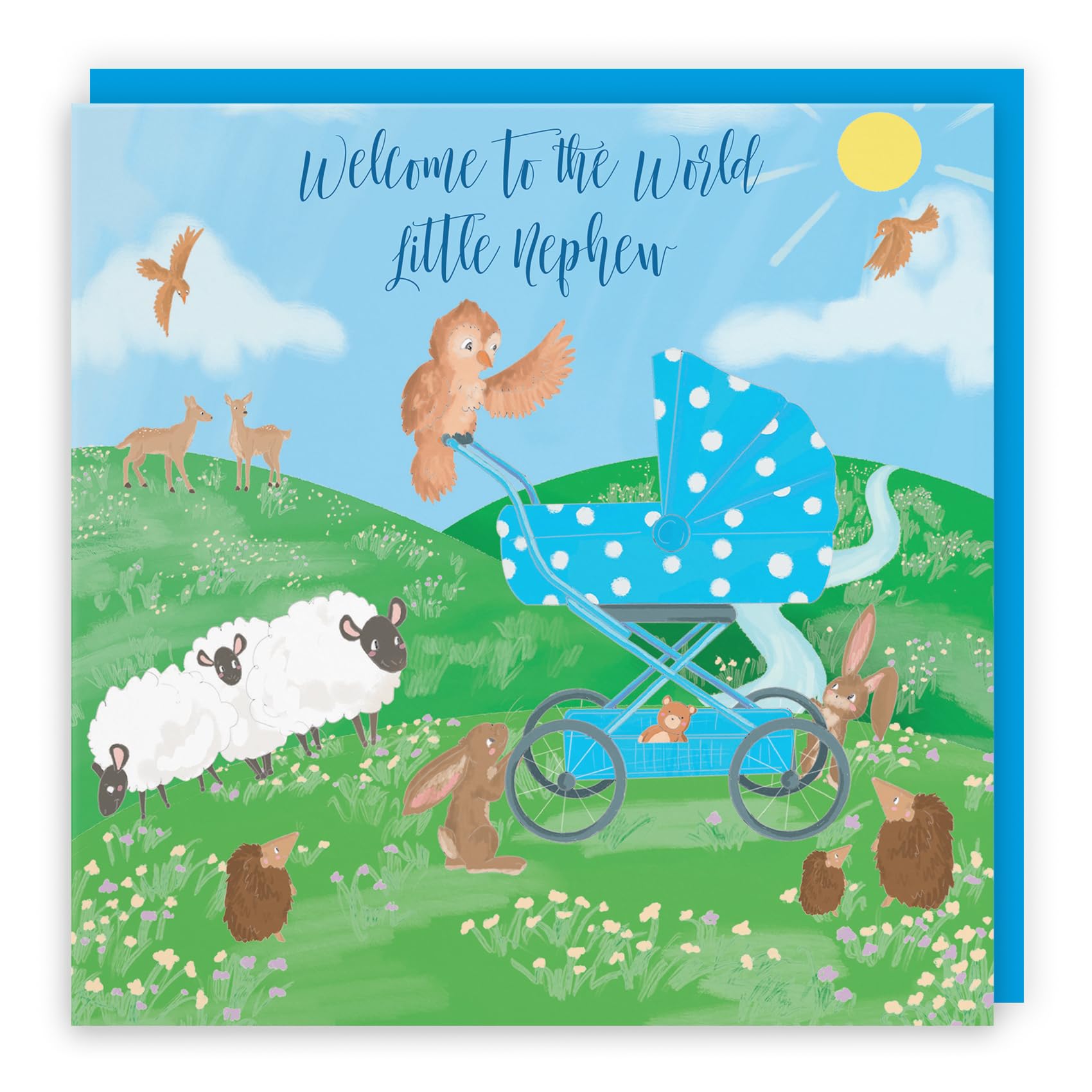 Hunts England - Nephew New Baby Card - Welcome To The World Little Nephew - Blue Pram - Card From Auntie - Uncle - Countryside Collection
