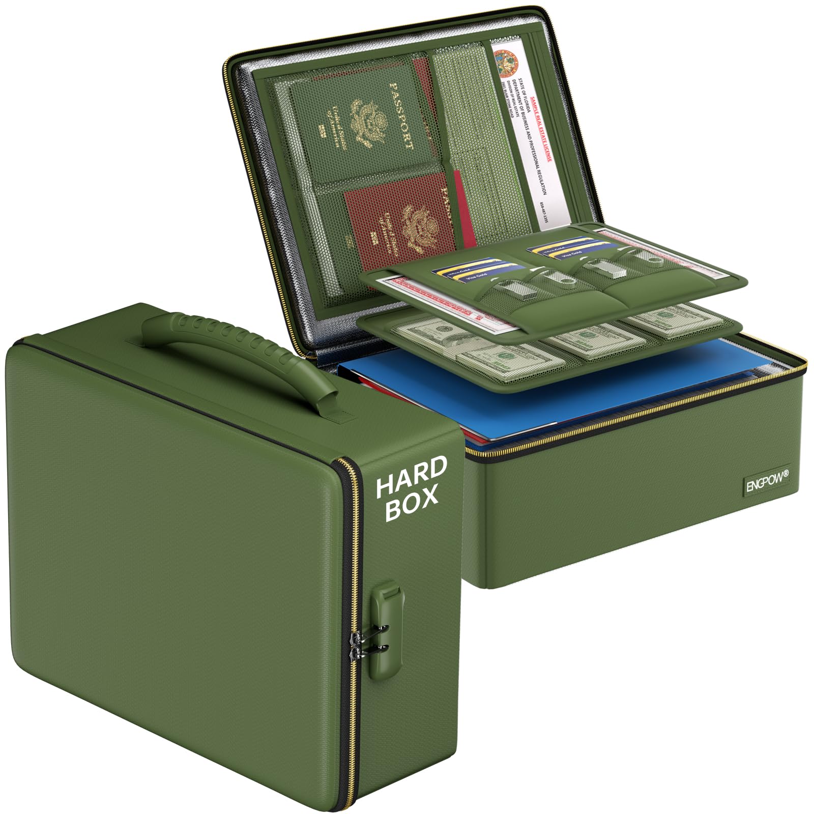 ENGPOW Fireproof Document Box, Hard Fireproof Box with Fireproof Zipper＆Lock, 6400°F Heat Insulated Fireproof Water Resistant File Organizer Storage Box Safe for Important Documents,Valuable,Green Image