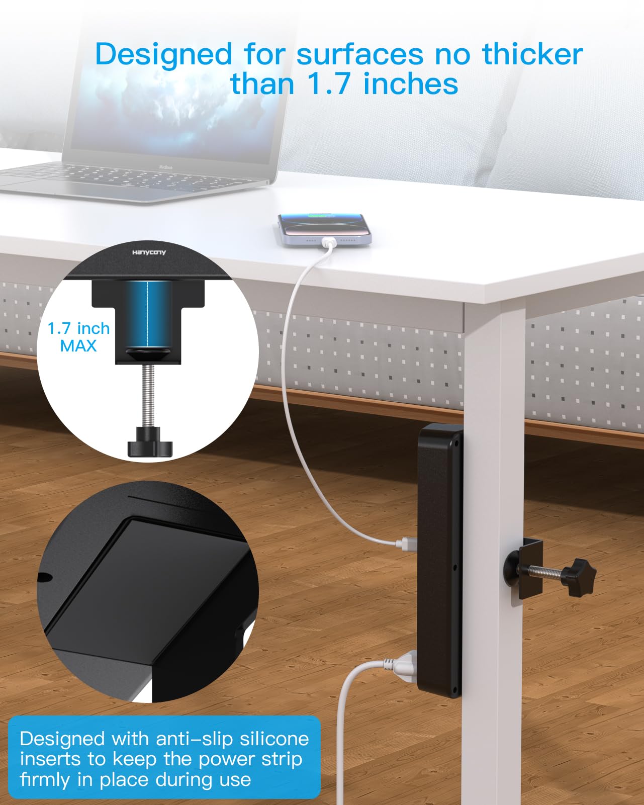 Desk Clamp Power Strip with PD30W USB-C, HANYCONY 5Ft Extension Cord, Desk Edge Mount Charging Station, Surge Protector with 4 Outlets 4 USB Ports(2 USB C), Home Office Gaming Accessories Essentials