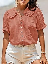 Tankaneo Womens Puff Sleeve Shirts Peter Pan Collar