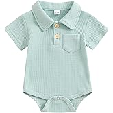 Lesimsam Newborn Baby Boy Clothes Waffle Knit Button Up Shirt Romper Solid Short Sleeve Collared Bodysuit One-Piece Outfit