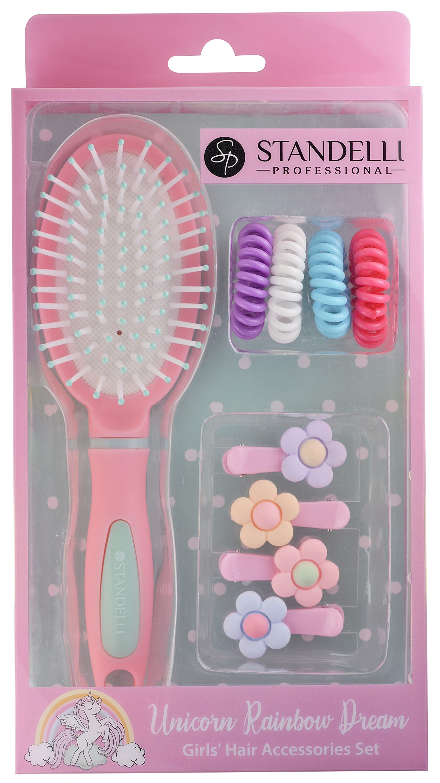 Standelli Unicorn Rainbow Dream Hair Accessories Gift Set for Girls with a Hair Brush, 4 Hair bands, and 4 Hair clips