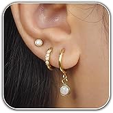 3 Pairs 14K Gold Plated Opal Earrings for Women: Dainty Opal Studs, Small Cartilage Huggie Hoops, Trendy Dangle Earrings, Hypoallergenic Gold Jewelry Set, Unique Gift for Women, Mom