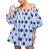 Lenader Summer Off The Shoulder Polka Dot Mini Dress Puff Sleeve Baggy Flowy Cute Babydoll Dress Casual Loose Short Dresses