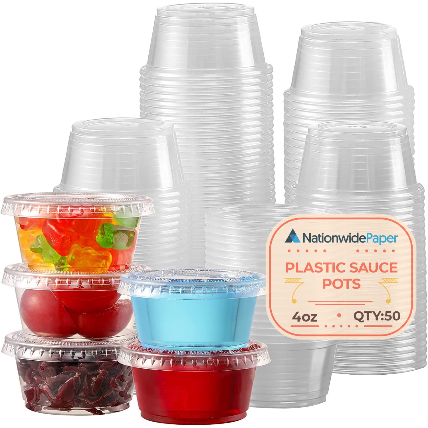 Nationwide Paper 4oz 50pcs Plastic Sauce Pots with Airtight lids Clear Small Pots for Ketchup, Chutney, Dips and Sauces (118ml)