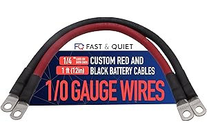 FAST & QUIET 1/0 AWG Battery Cables with Terminals, Positive and Negative Wires Pure Copper, Solar Power Inverter, Welding, Golf Cart, Motorcycle (Red and Black, 1 FT (12 in), 1/4" Lugs on Both Ends, 2pcs)