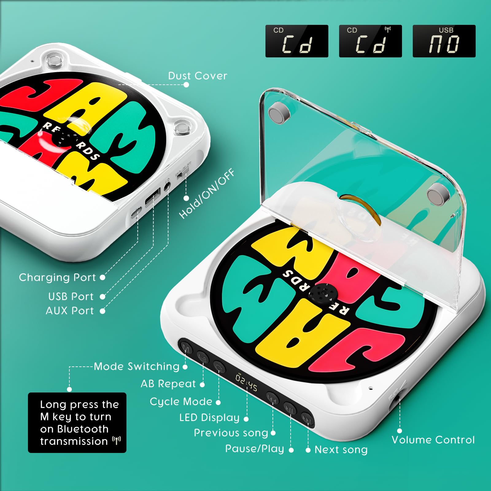 Portable CD Player with Bluetooth, Rechargeable CD Player for Home/Car, Built-in HiFi Speakers, Headphones, LCD Screen, Supports CD/AUX/USB and Repeat Modes, White