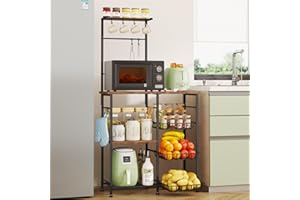 SWTYMIKI Bakers Rack with Storage - Coffee Bar Cabinet with Shelves, Coffee Station Organizer and Kitchen Stand with 8 Hooks, Baskets, Adjustable Feet for Kitchen Dining Room Pantry, Espresso