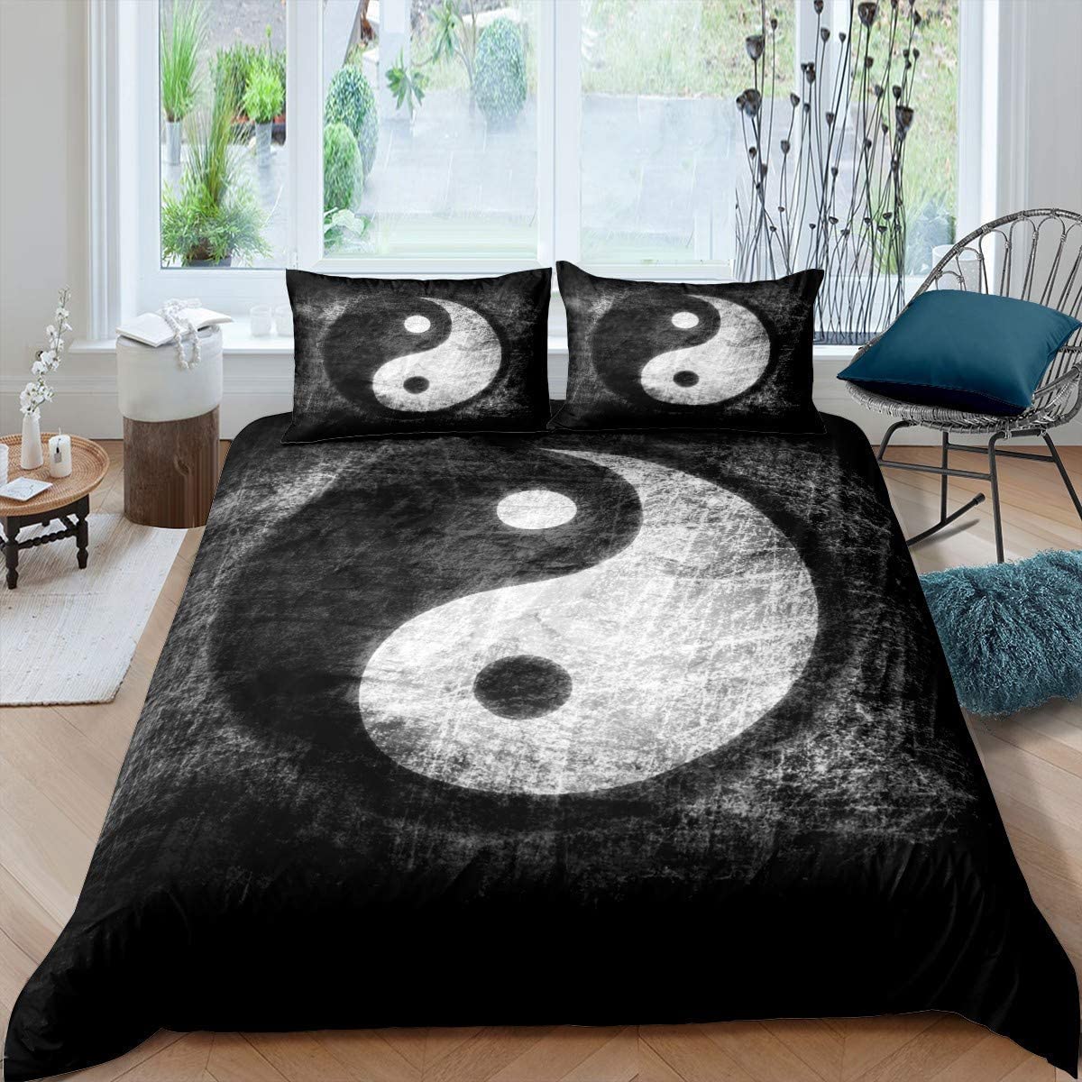 Yin Yang Bedding Set for Girls Boys Children Boho Trippy Psychedelic Art Comforter Cover Decorative Gossip Pattern Duvet Cover Traditional Ying Yang Theme Bedspread Cover King 3Pcs